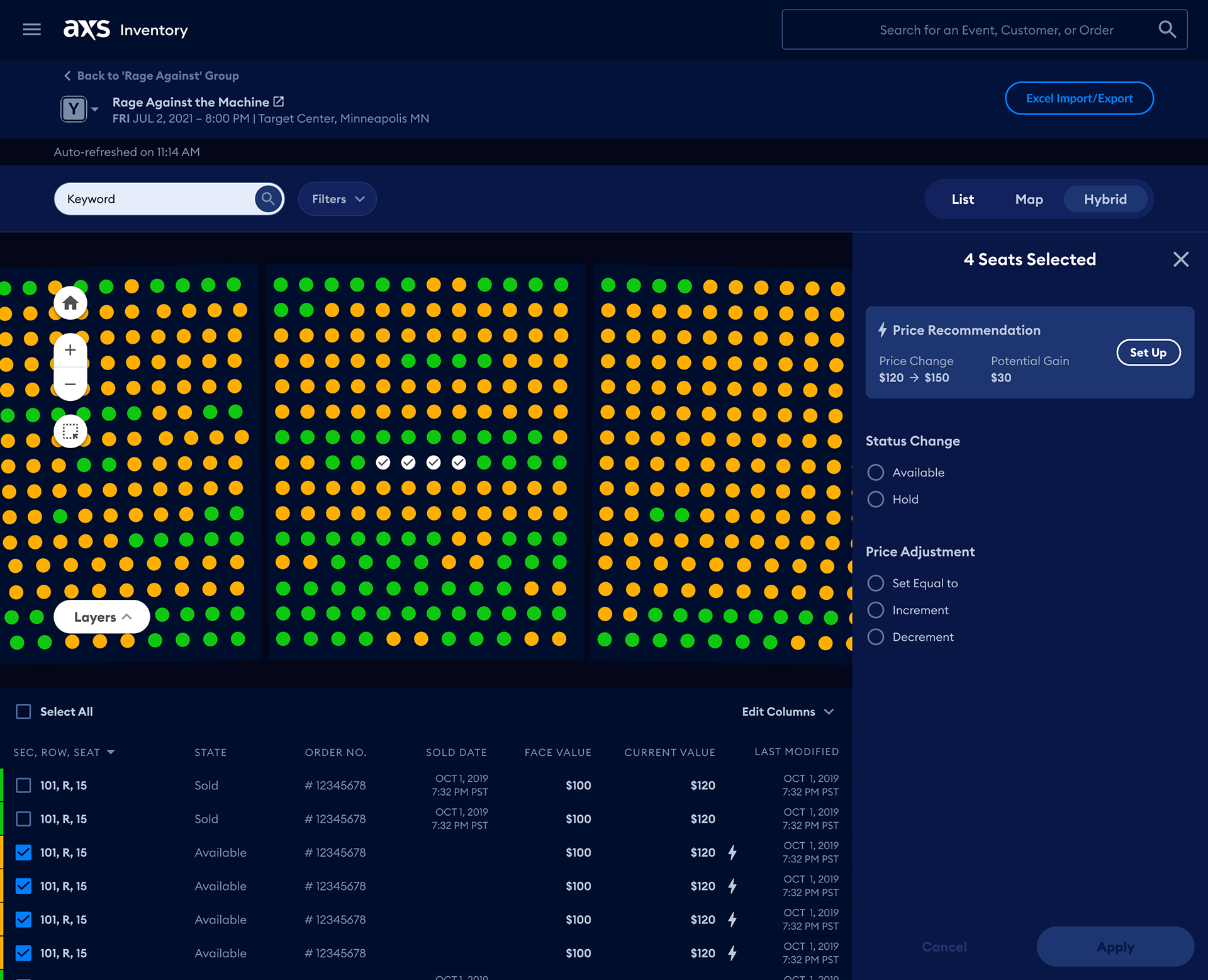 AXS inventory management system with interactive seat map