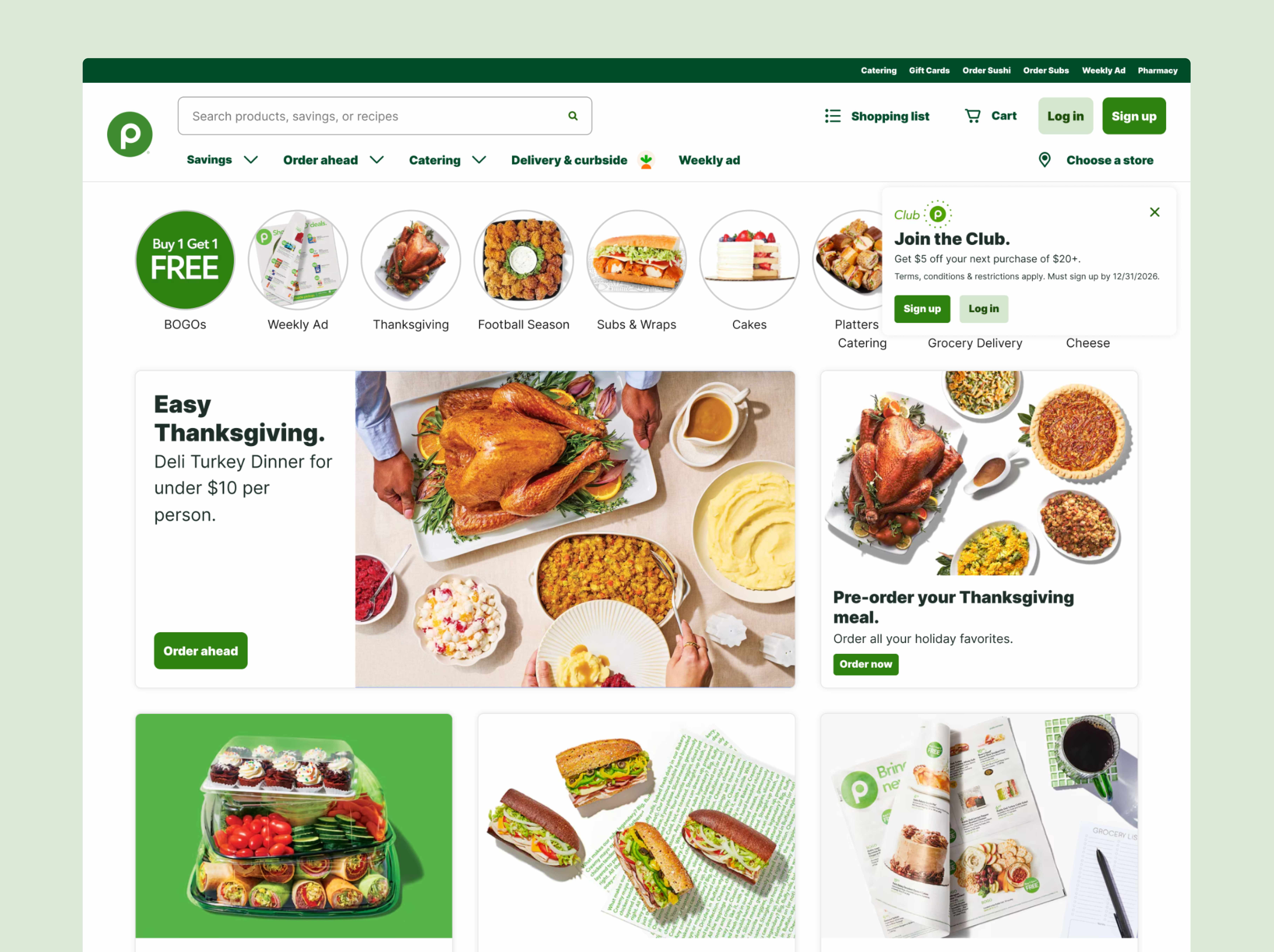Full homepage view of grocery chain website showing navigation, search, promotional carousels, Thanksgiving campaign, Club membership modal, and product categories integrated with the design system