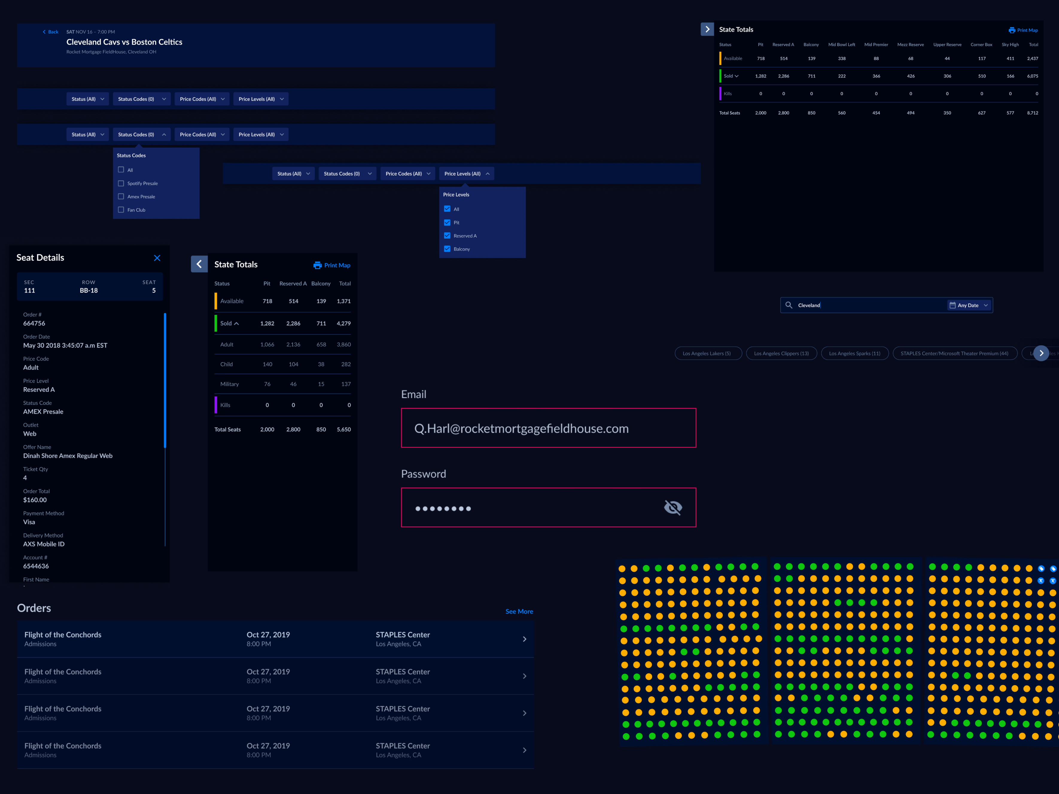 AXS ticketing platform with color-coded seat availability