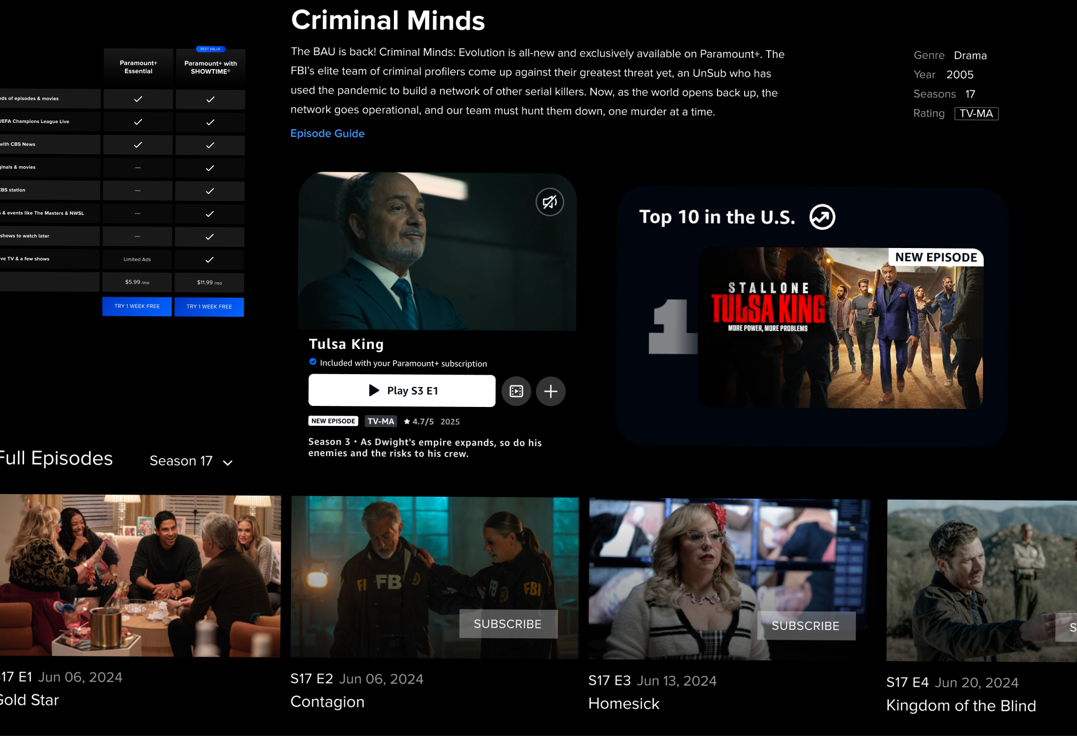 Paramount+ content detail page showing Criminal Minds with episode guide, subscription options, and Top 10 in U.S. featuring Tulsa King