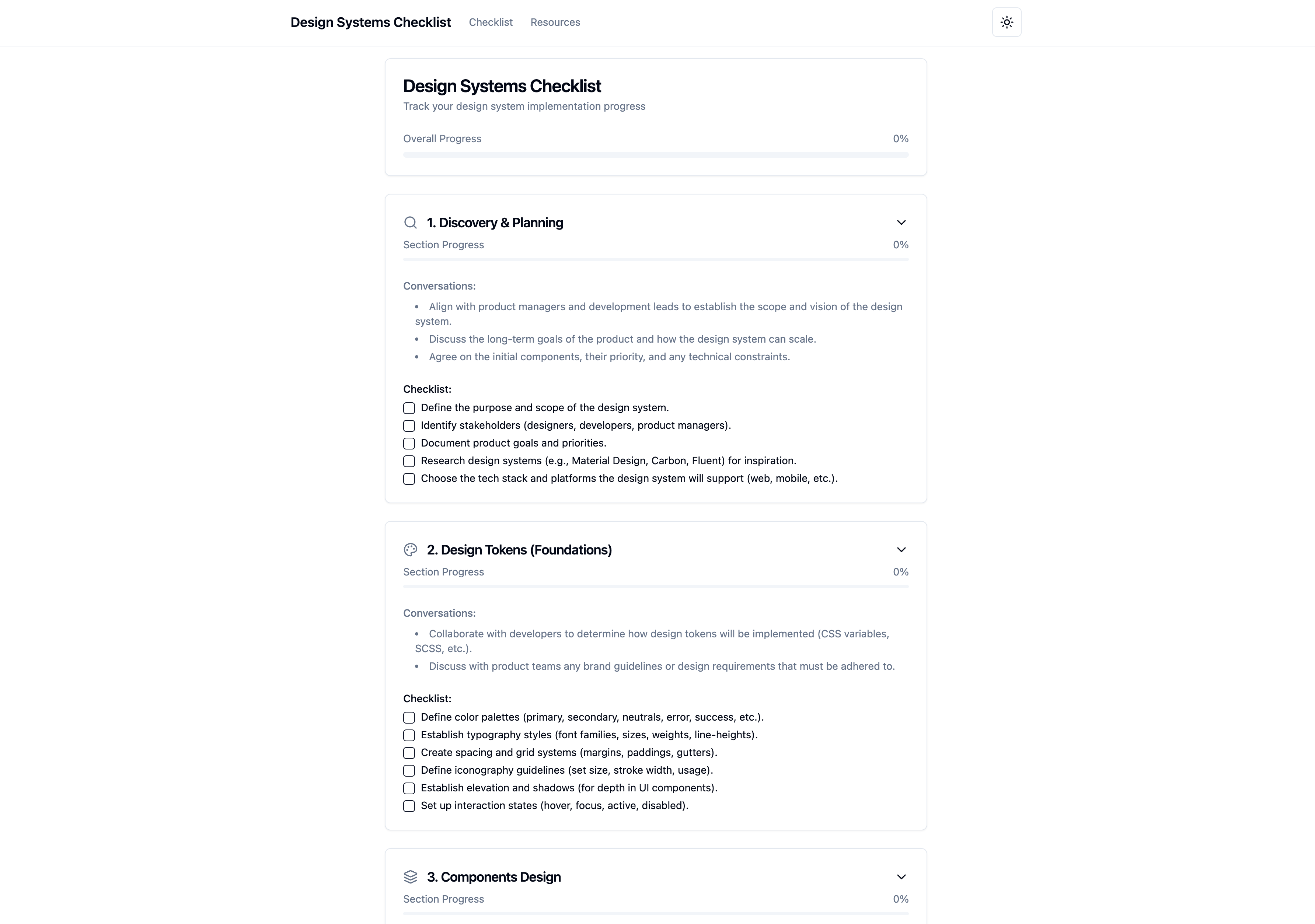 Design Systems Checklist interface showing progress tracker and checklist items