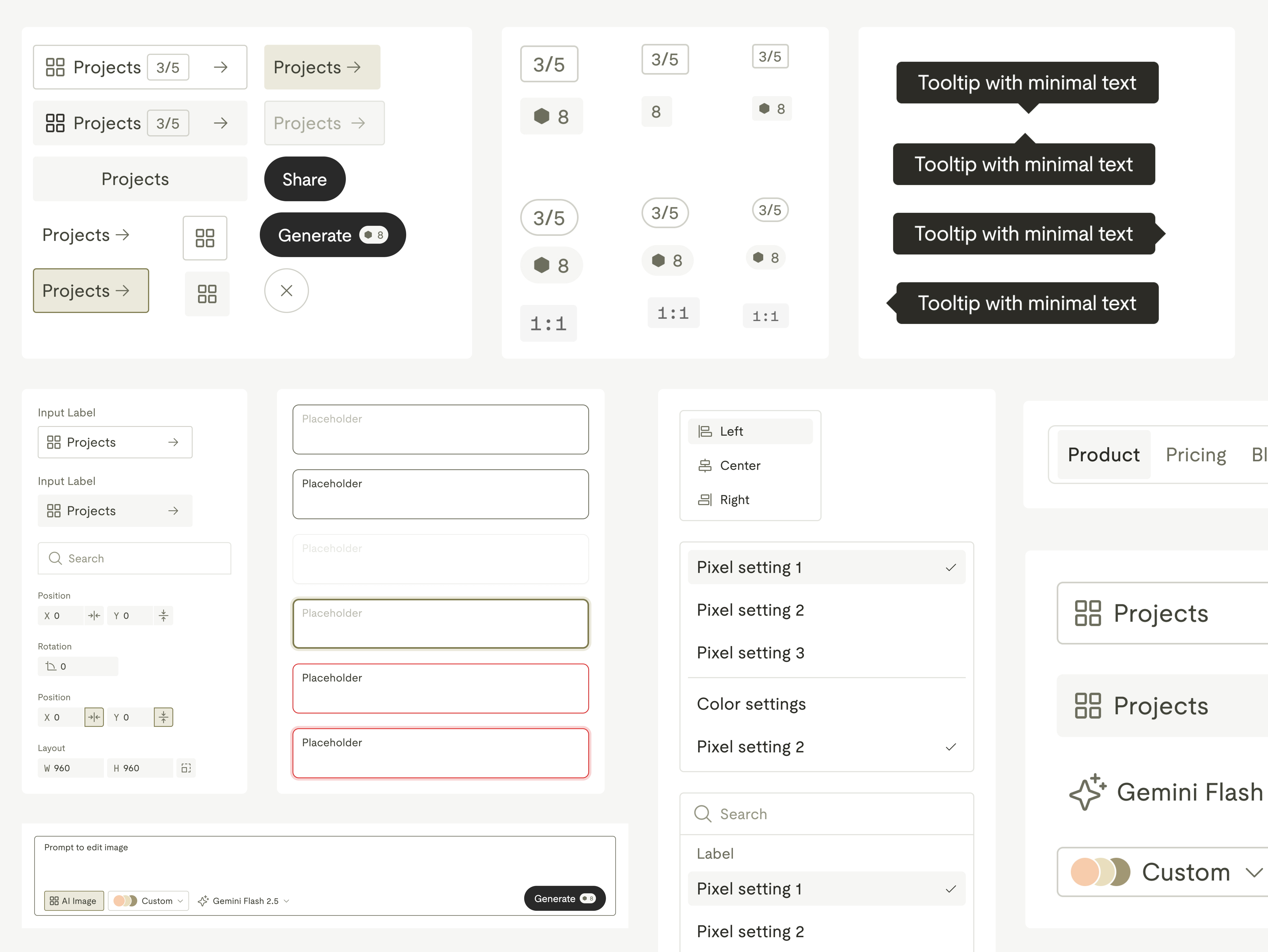 Wasai AI design system component library showcasing buttons, inputs, tooltips, alignment controls, and theming options