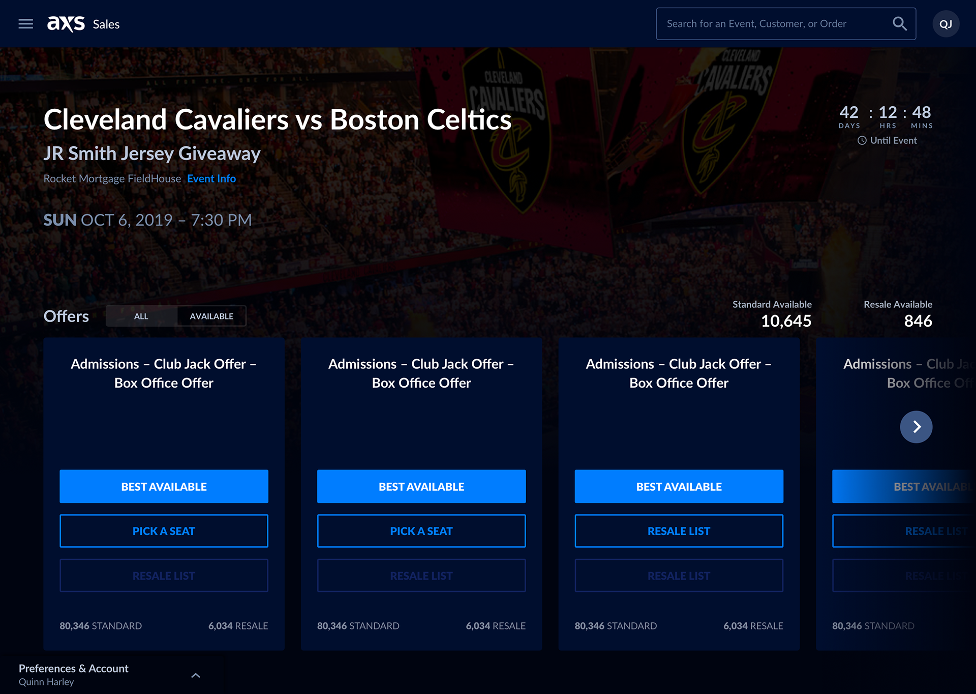 AXS ticketing sales interface showing Cleveland Cavaliers vs Boston Celtics game