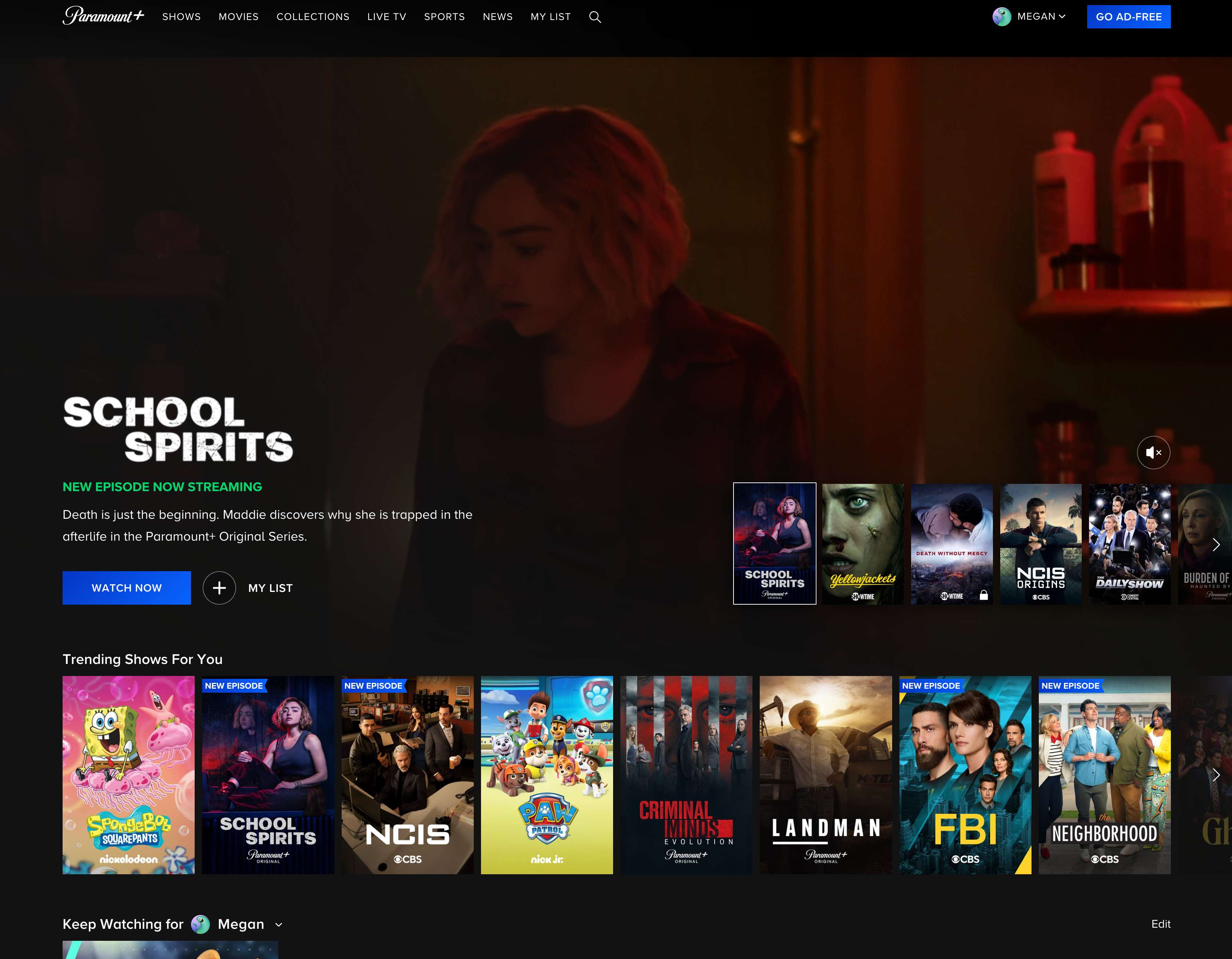 Paramount+ homepage featuring School Spirits with content recommendations and navigation