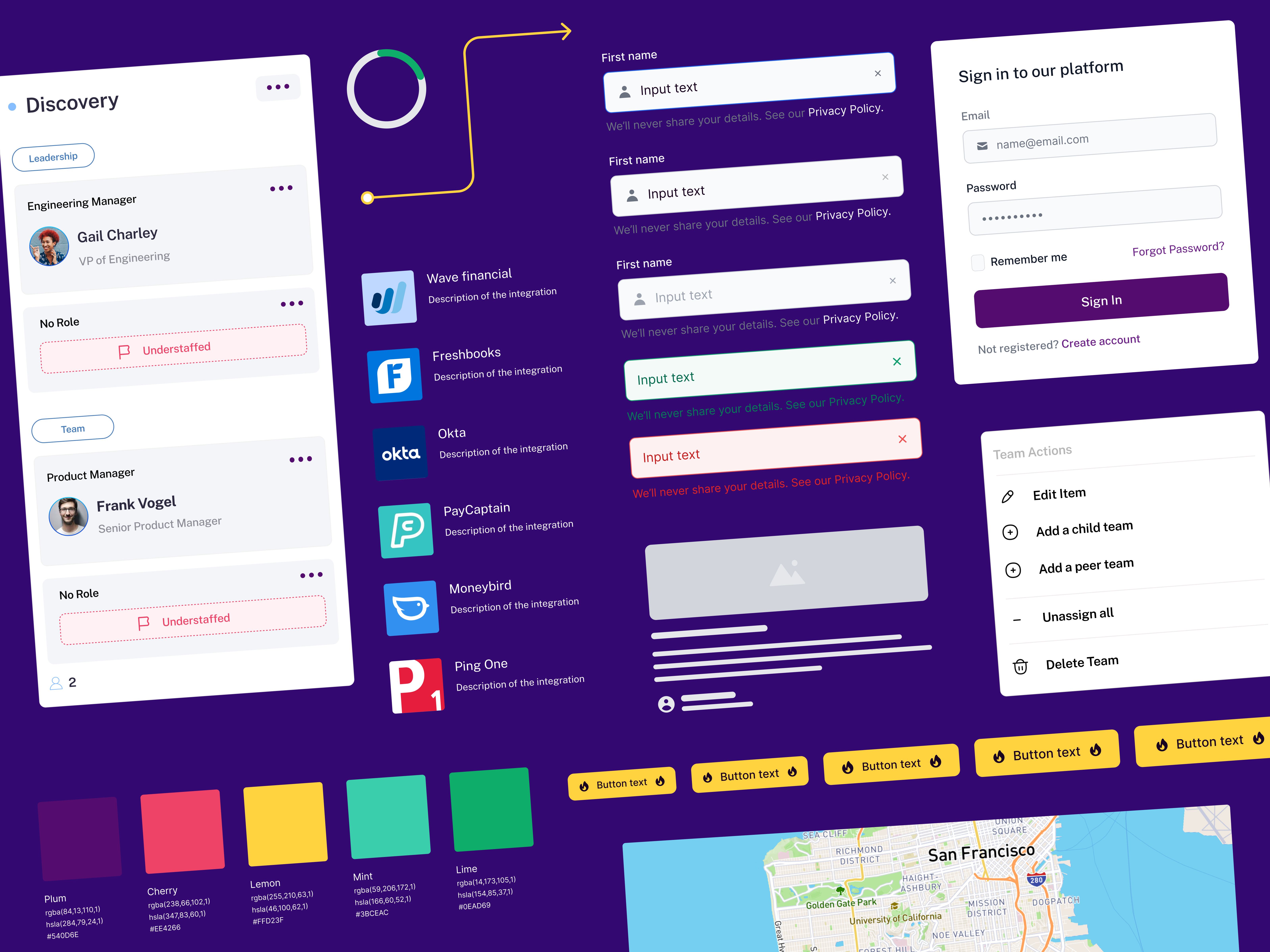 Orgspace design system showcase displaying team management interface, integration flows, authentication forms, color palette, and UI components
