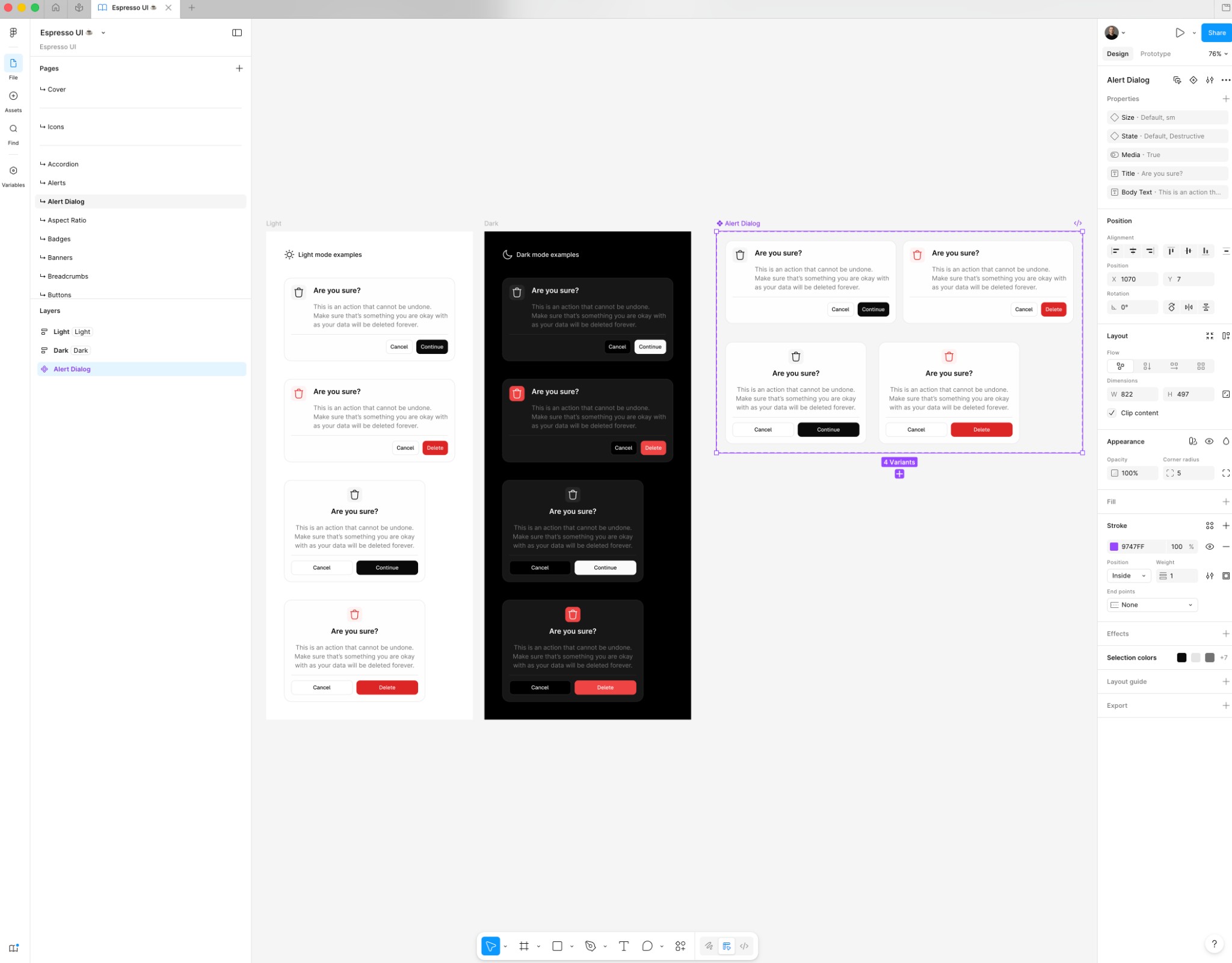Espresso UI Alert Dialog component in Figma