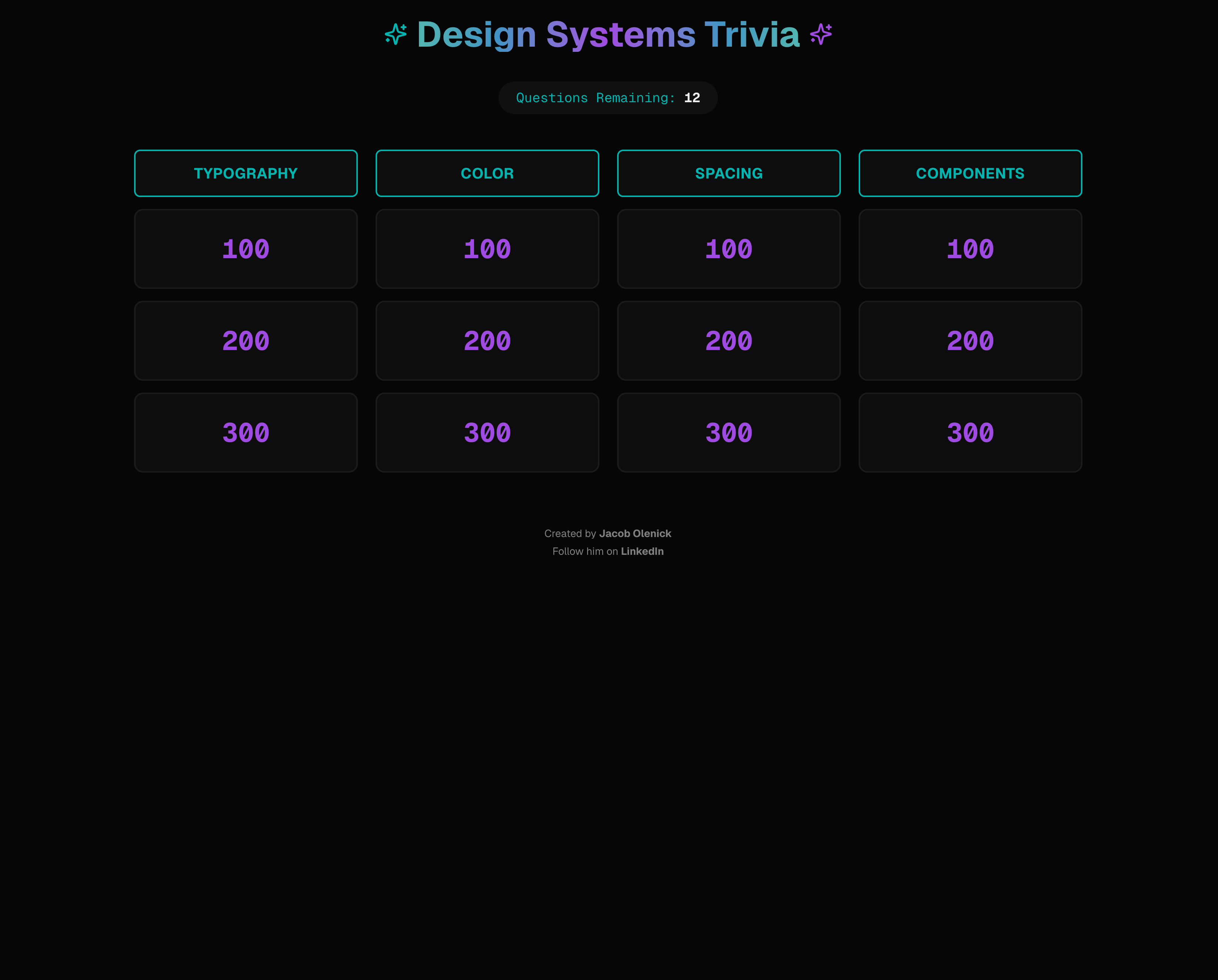Design Systems Trivia game interface