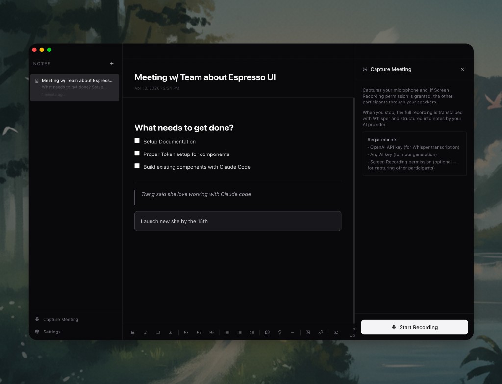 Coffee Order app with notes, meeting capture, and dark UI