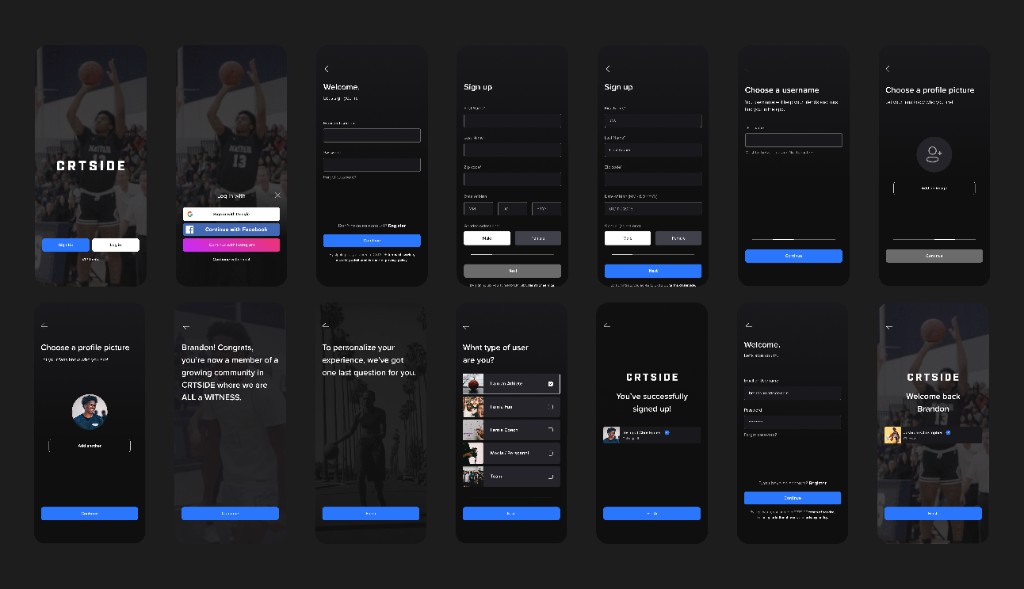 Crtside onboarding flow — sign up, profile setup, and role selection screens