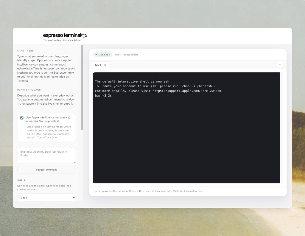 Espresso Terminal app in light mode with sidebar and terminal
