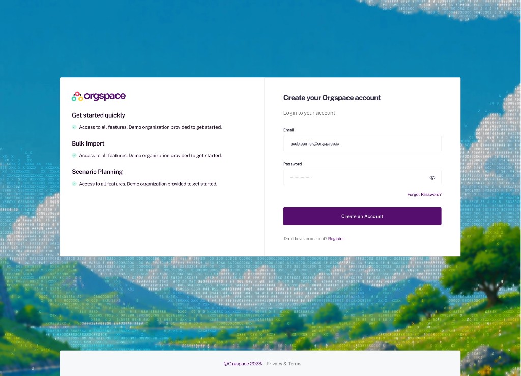 Orgspace account creation screen
