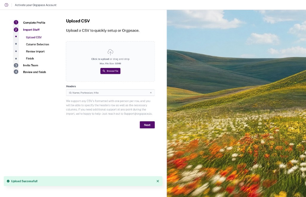 Orgspace CSV upload onboarding step