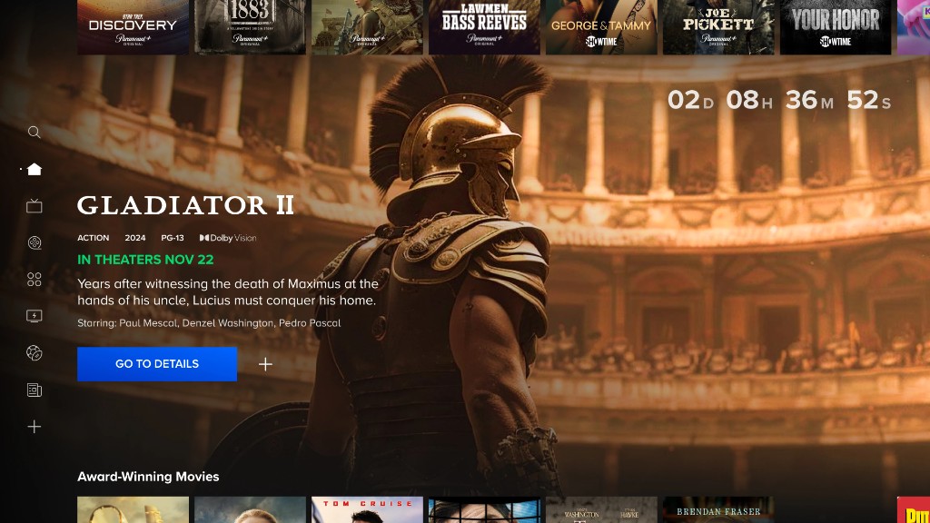 Paramount+ home hero for Gladiator II with countdown and sidebar navigation
