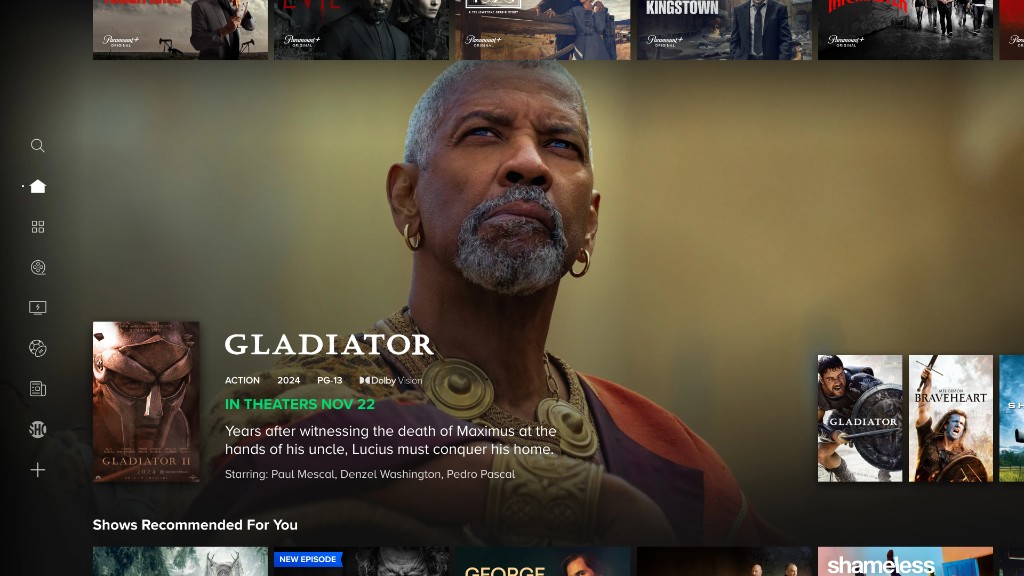 Paramount+ movie detail page for Gladiator II with metadata and recommendations