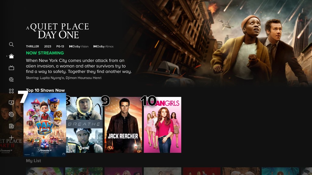 Paramount+ TV home with A Quiet Place Day One and ranked content rows