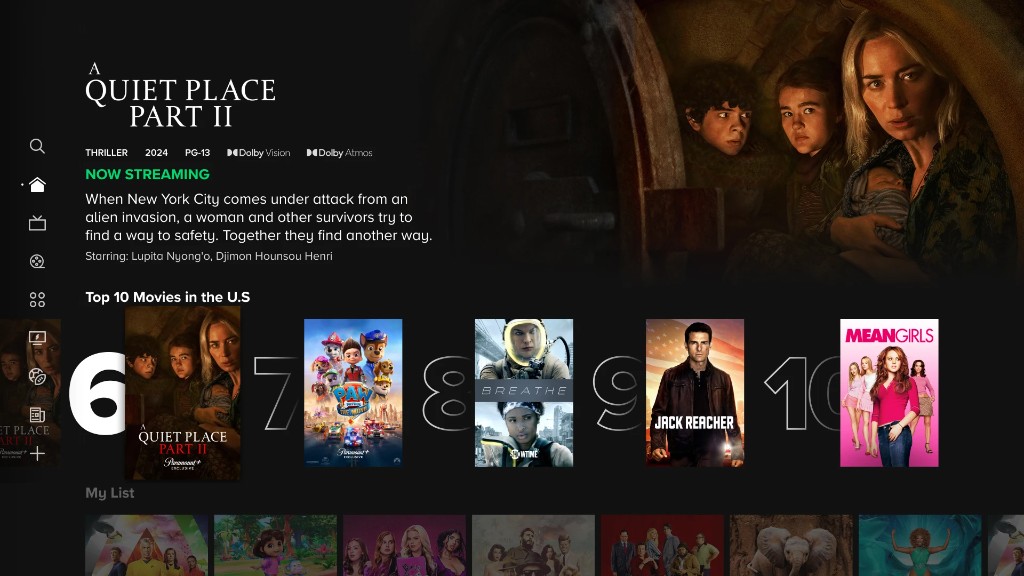 Paramount+ screen with A Quiet Place Part II hero and Top 10 carousel