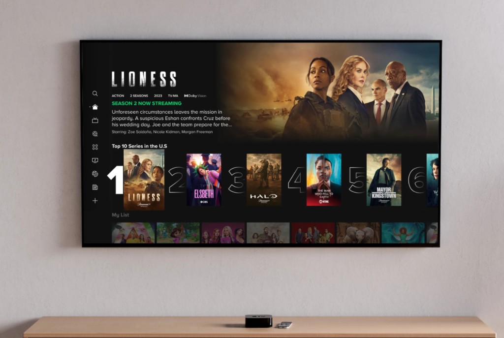 Paramount+ Lioness hero on a wall-mounted TV with Top 10 Series row