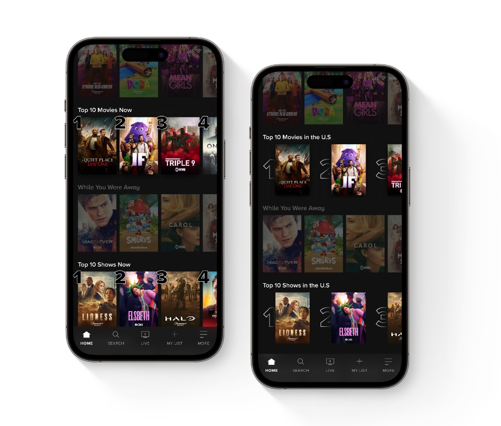 Paramount+ mobile app home with Top 10 movies and shows carousels