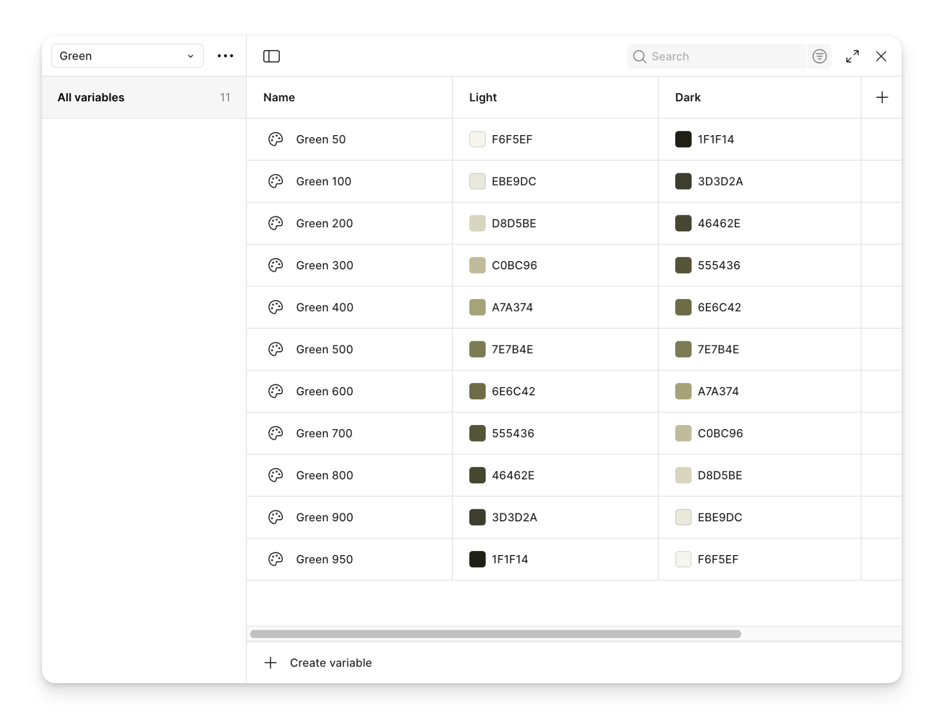Green color family with Light and Dark mode variables