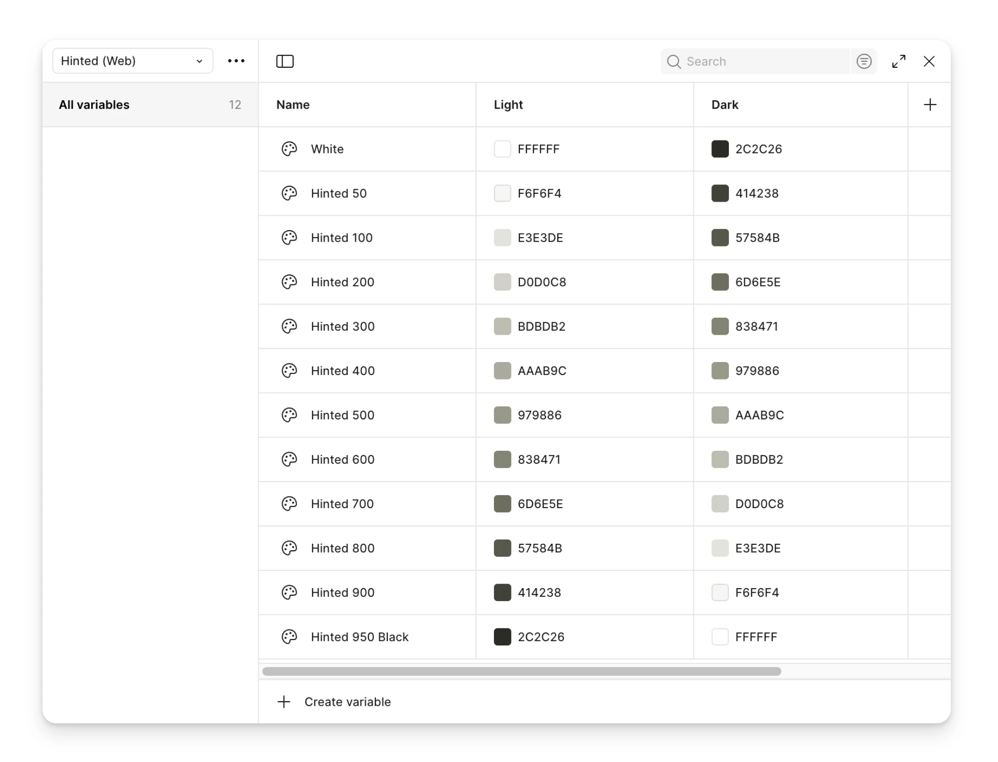 Hinted (Web) color palette with Light and Dark mode variables