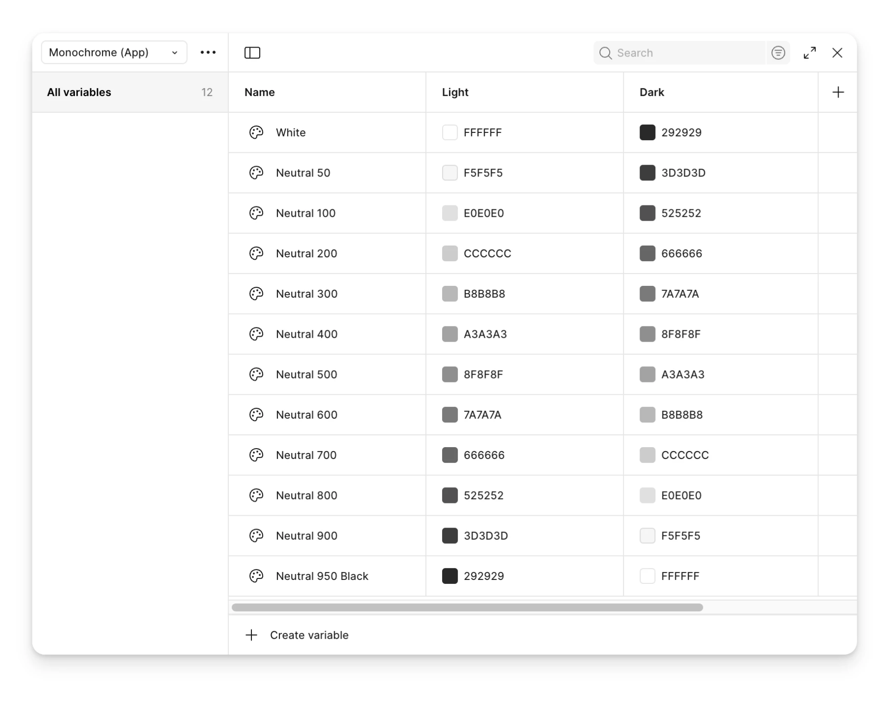 Monochrome (App) neutral palette with Light and Dark mode variables